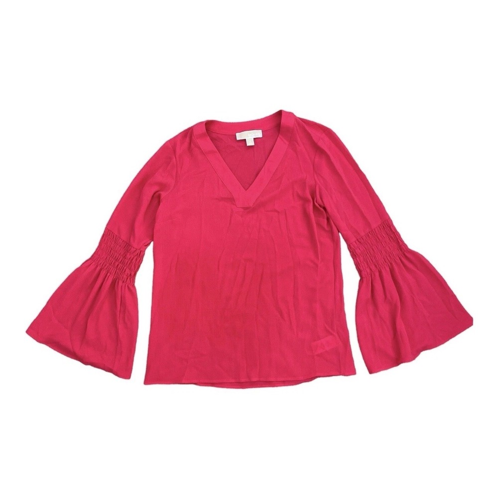 Michael Kors Blouse Womens Small Raspberry Long Bell Sleeve V Neck Top‎